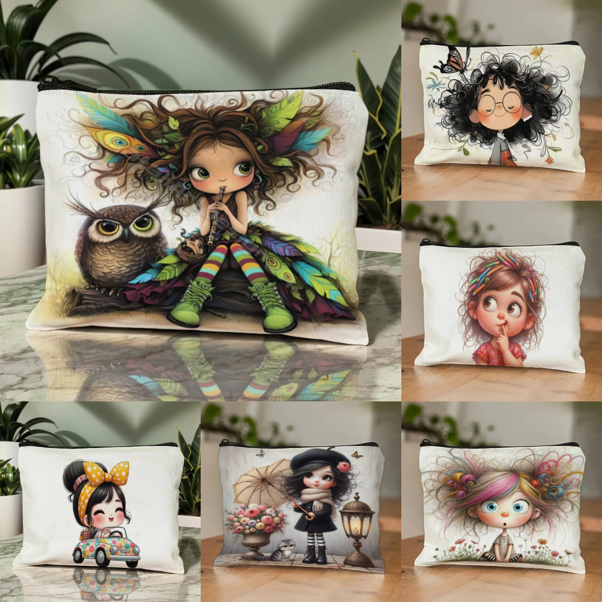 Women Bags Purses - Cartoon Girl Makeup Bag Zippered Toiletry