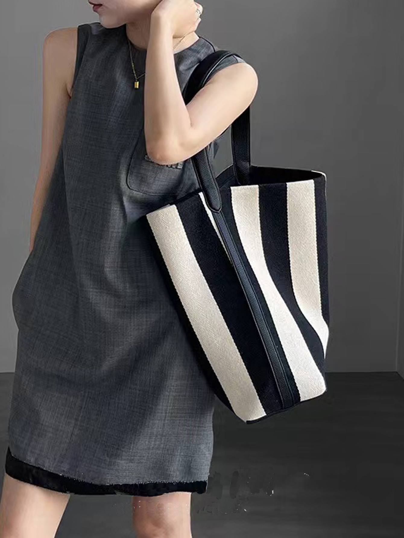 Women Bags Zara - Niche striped canvas bucket bag for